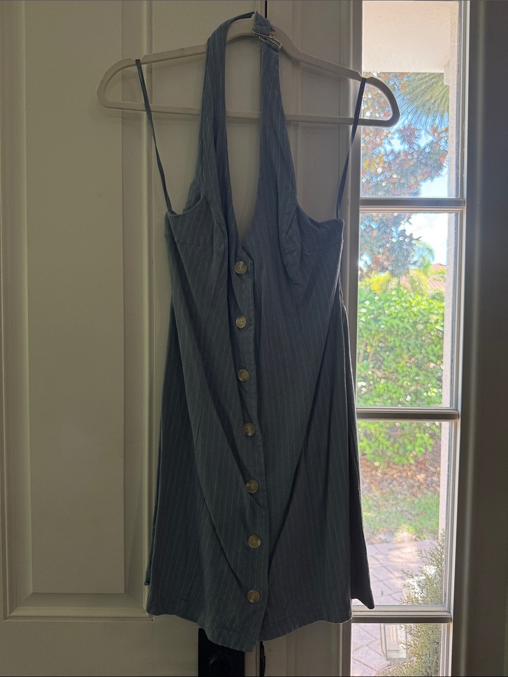 Monteau Slate Blue Pinstripe Halter Button-Front Mini Dress